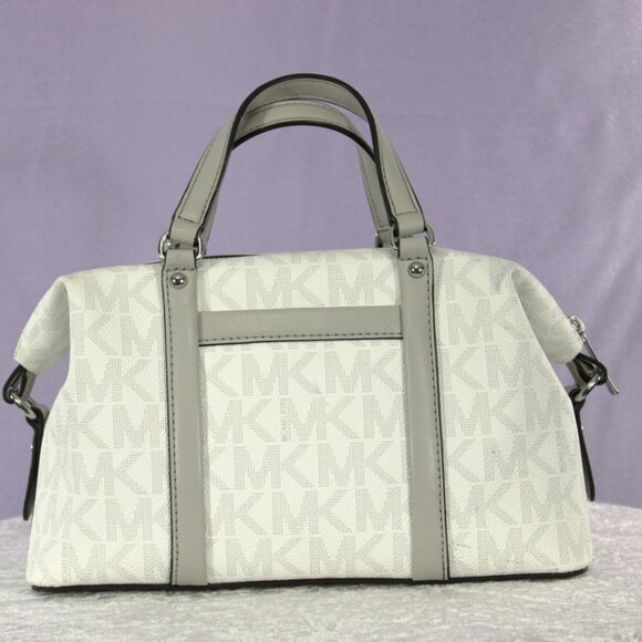Michael Kors Small Satchel Crossbody White MK Logo Gray Trim NWOT - Picture 2 of 8